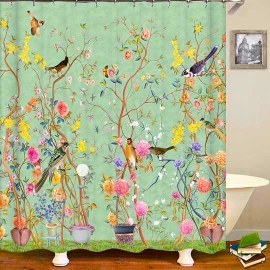 Douchegordijn met Bloemen- en Vogelprint voor Badkamer 0