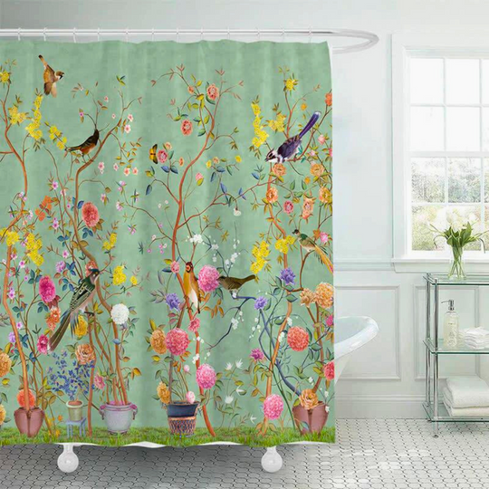 Douchegordijn met Bloemen- en Vogelprint voor Badkamer 1
