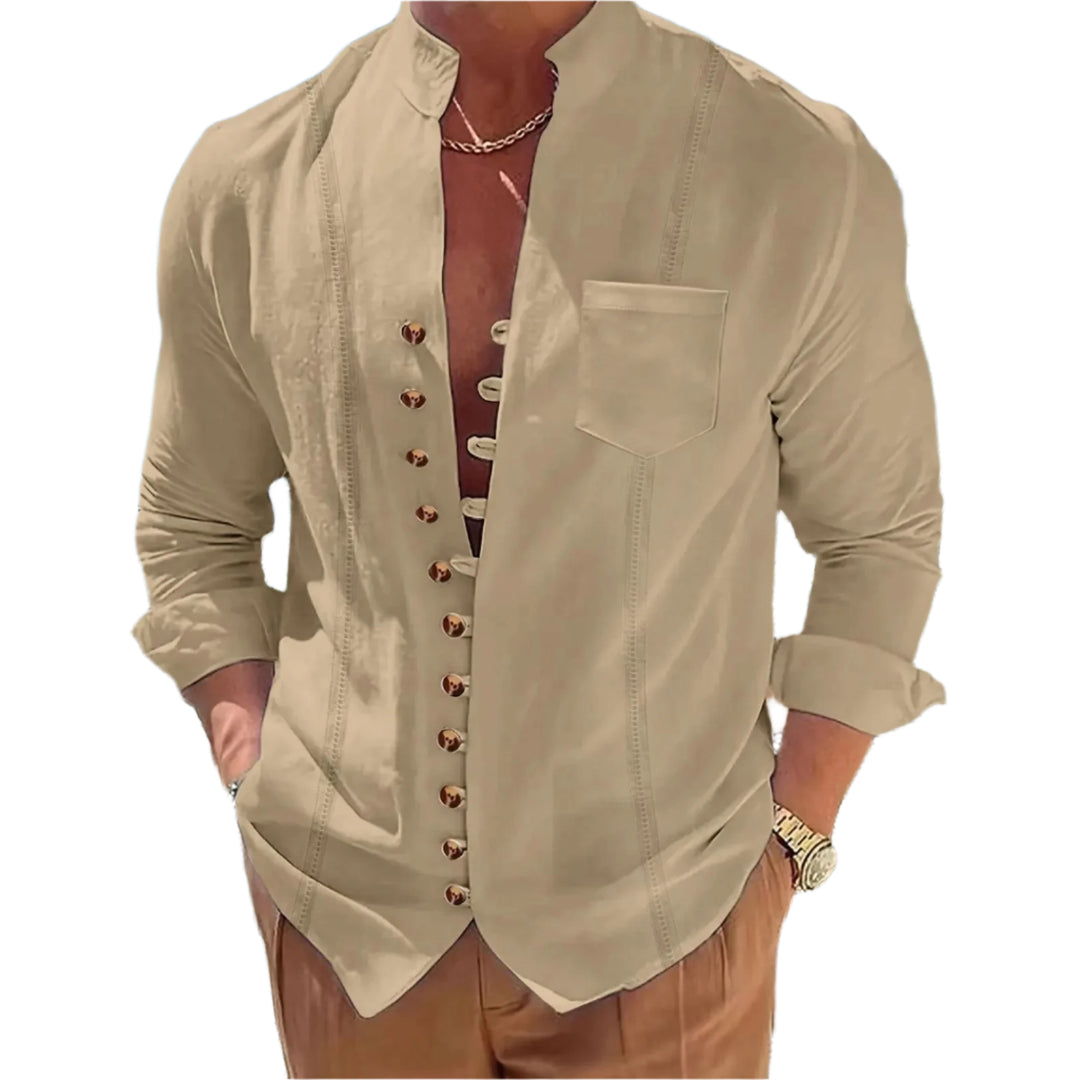 Herenoverhemd van katoen en linnen met opstaande kraag