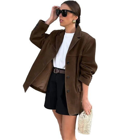 Dames Blazer Jas Bruin Met Cropped Pasvorm 1