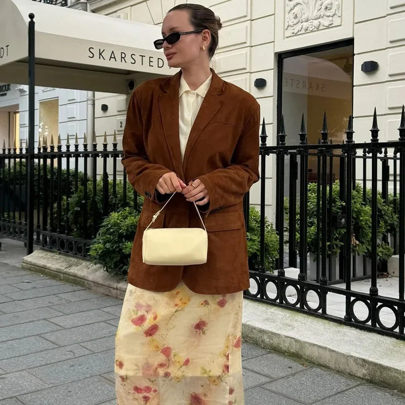 Dames Blazer Jas Bruin Met Cropped Pasvorm 2