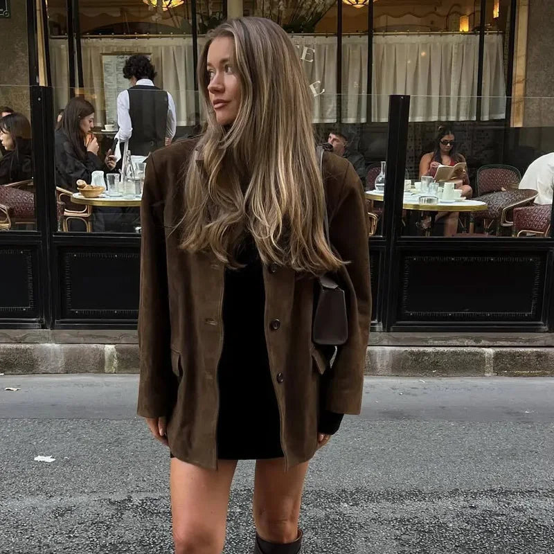 Dames Blazer Jas Bruin Met Cropped Pasvorm 3