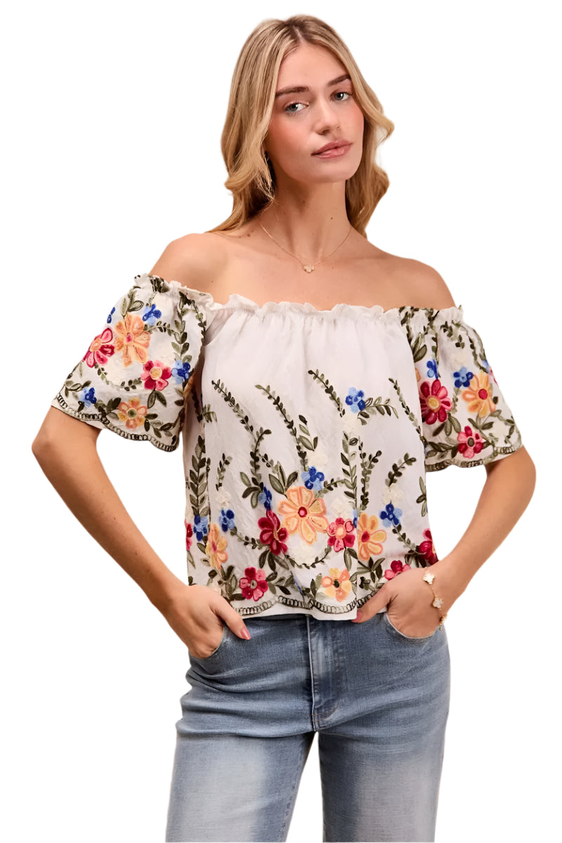 Dames Blouse Met Bloemen Borduursel Off The Shoulder 0