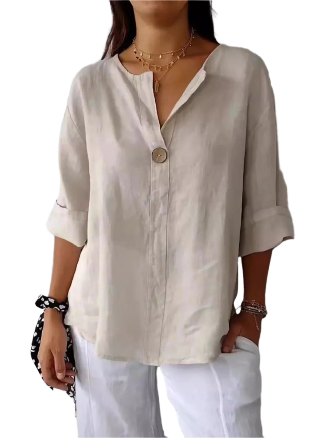 Dames Blouse Notch Kraag Linnenmix Grote Maten 0