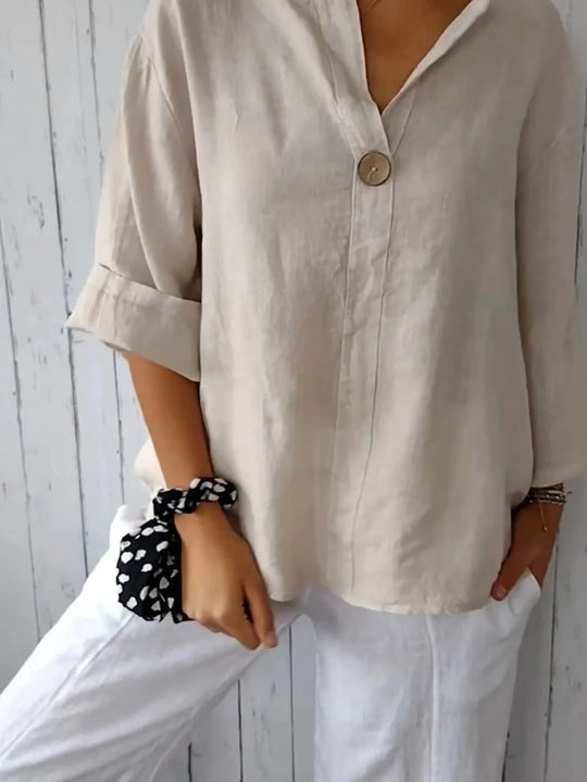Dames Blouse Notch Kraag Linnenmix Grote Maten 1