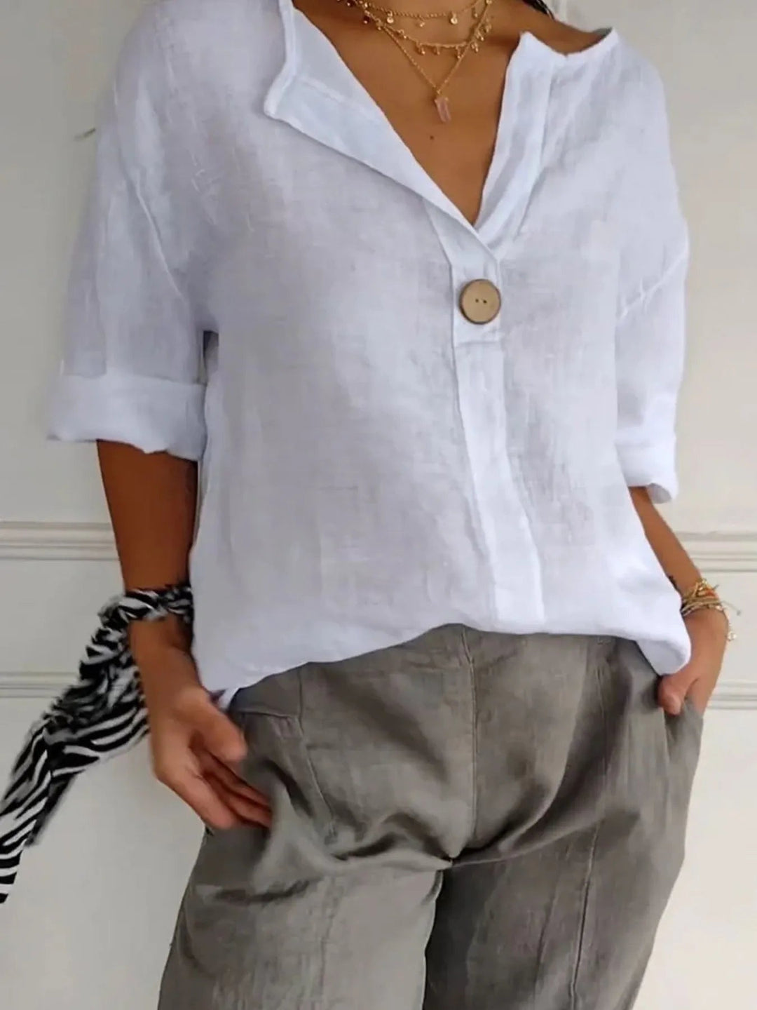 Dames Blouse Notch Kraag Linnenmix Grote Maten 11