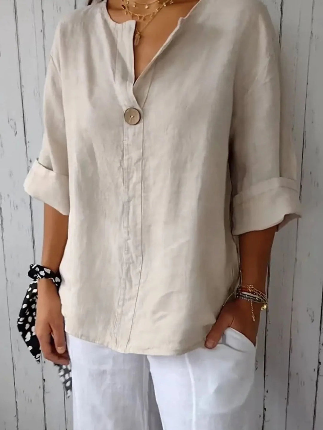 Dames Blouse Notch Kraag Linnenmix Grote Maten 2