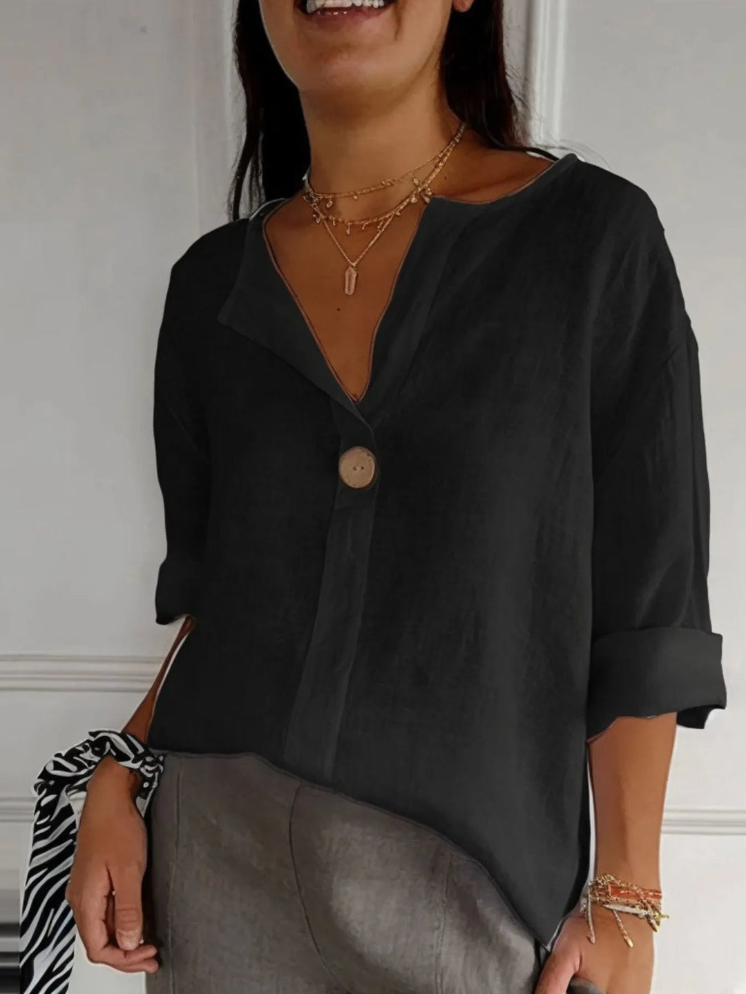 Dames Blouse Notch Kraag Linnenmix Grote Maten 3