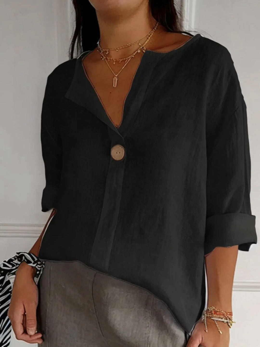 Dames Blouse Notch Kraag Linnenmix Grote Maten 4