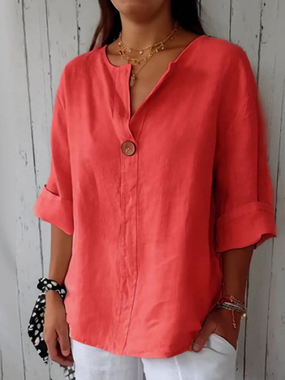 Dames Blouse Notch Kraag Linnenmix Grote Maten 9
