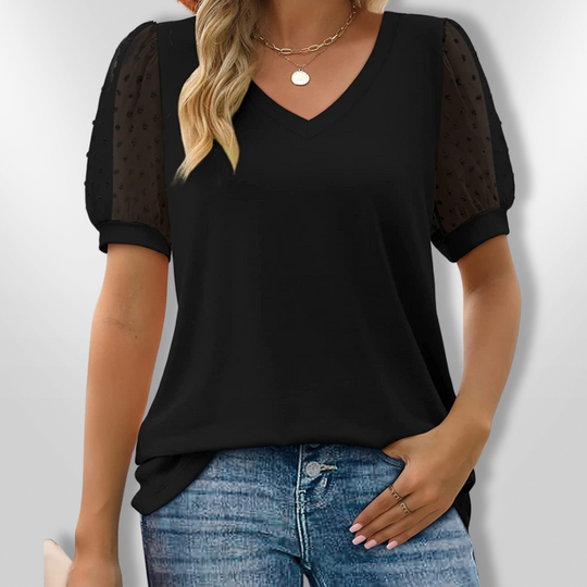 Dames Blouse V-Hals Met Puffmouwen en Borduursel 1