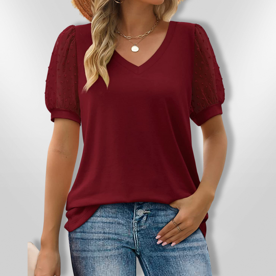 Dames Blouse V-Hals Met Puffmouwen en Borduursel 4
