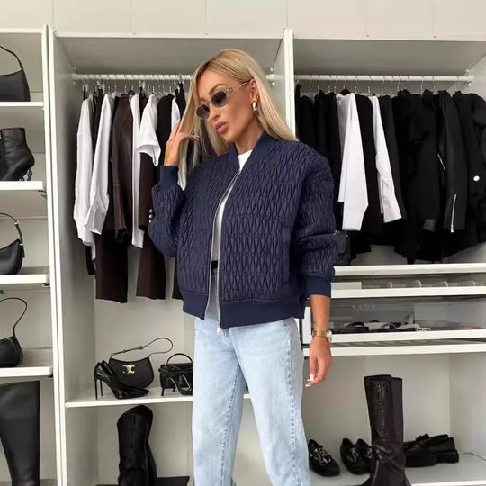 Dames Bomberjack Gewatteerd met Rits en Geribbelde Afwerking 10