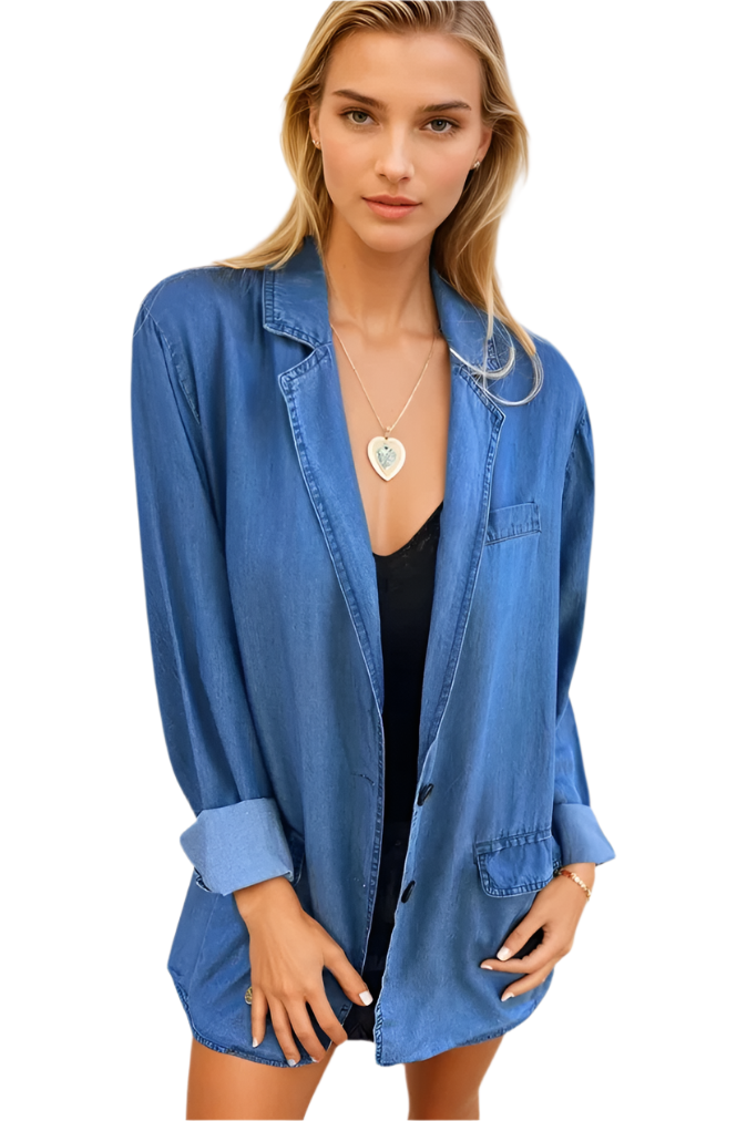 Dames Casual Denim Blazer Met Gestructureerde Pasvorm 0