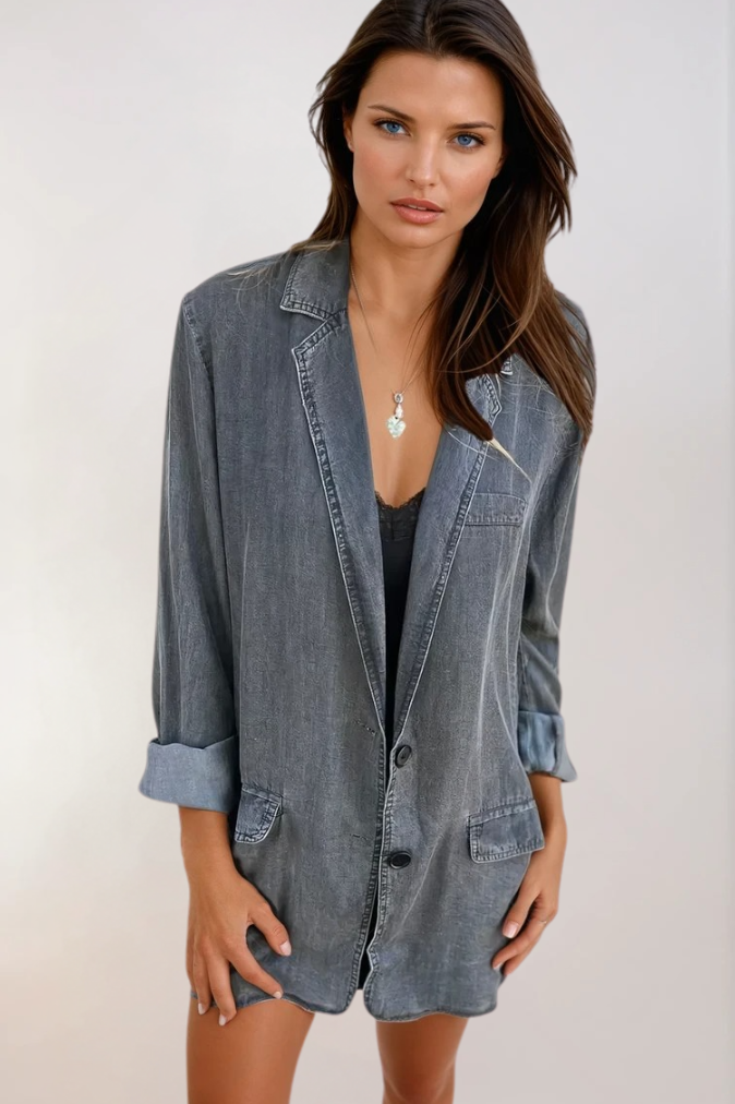Dames Casual Denim Blazer Met Gestructureerde Pasvorm 2