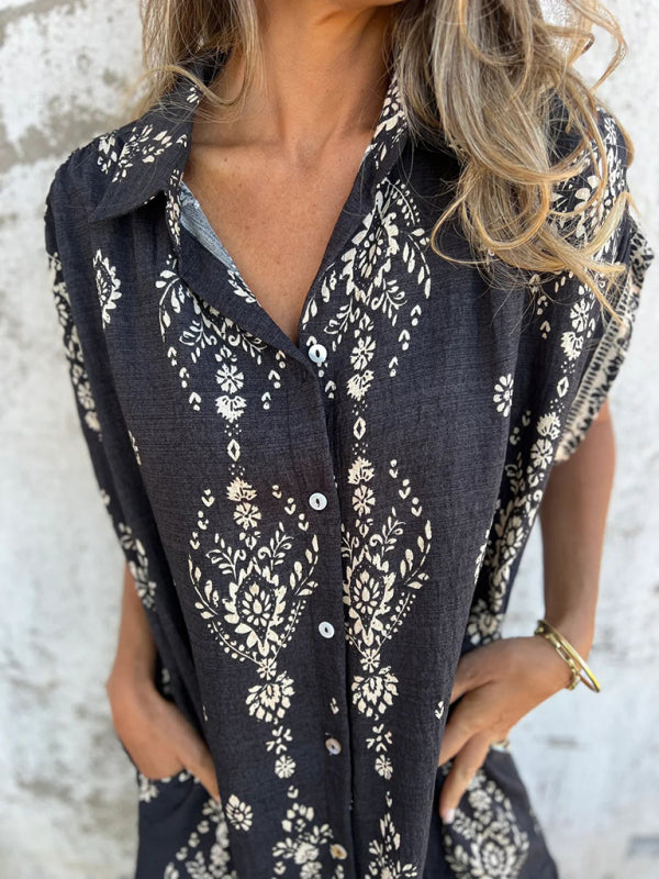 Dames Casual Korte Mouwen Linnen Shirt Met Zak 4