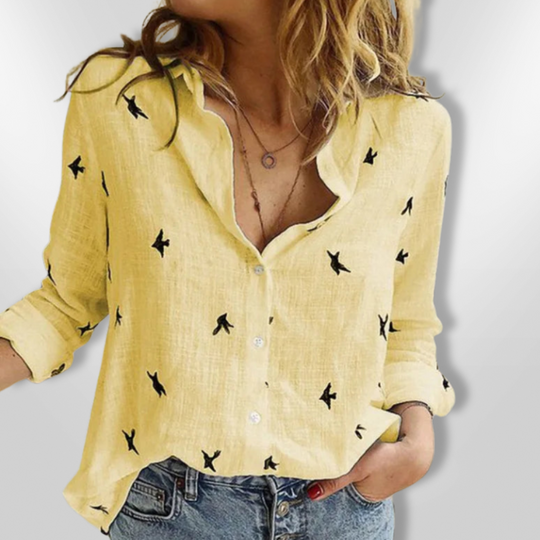 Dames Chemise Boutonnée Met Vogelprint Katoen 4