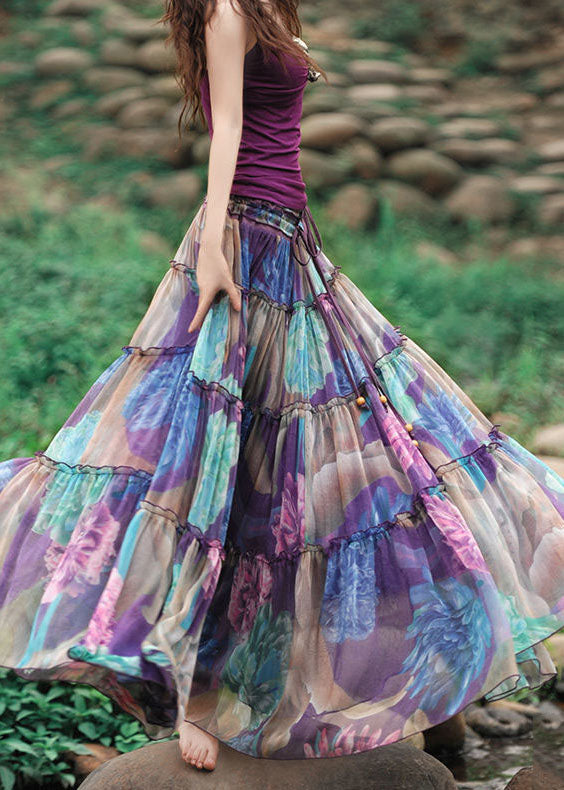 Dames Chiffon Rok met Trekkoord en Patchwork Print 1