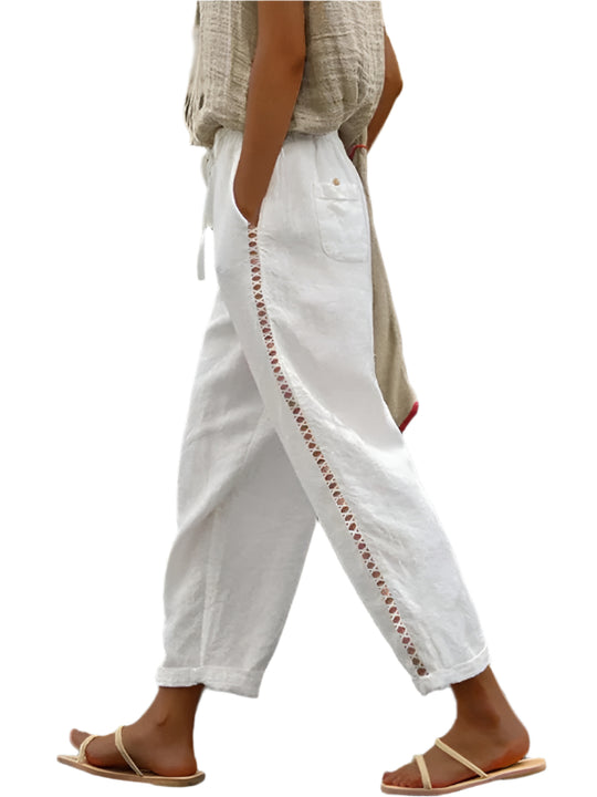 Dames Cropped Broek van Katoen en Linnen met Stiksels 0