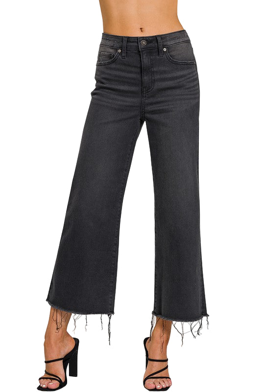 Dames Cropped Jeans Hoge Taille Gewassen Zwart 0