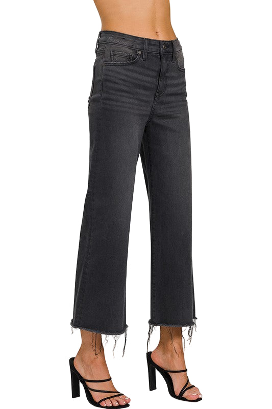 Dames Cropped Jeans Hoge Taille Gewassen Zwart 1
