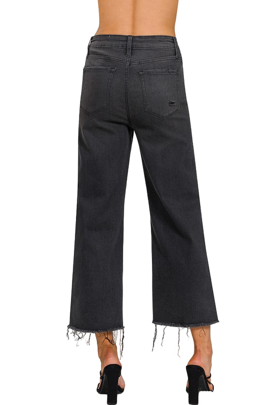 Dames Cropped Jeans Hoge Taille Gewassen Zwart 2