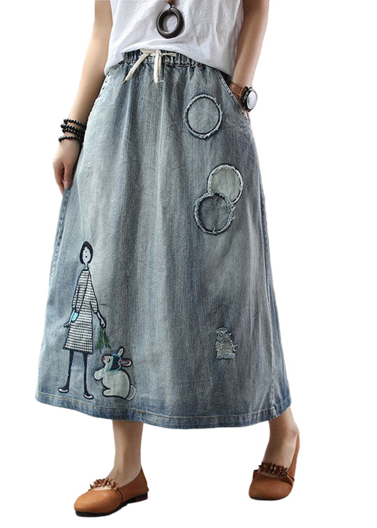 Dames Denim Rok met Elastische Taille en Geborduurde Details 0