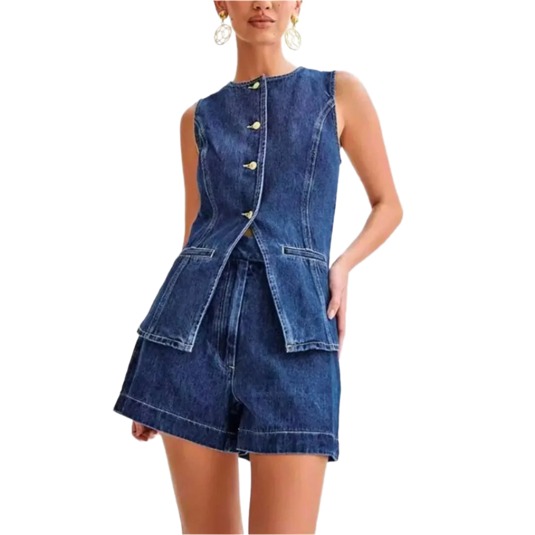 Dames Denim Set Mouwloos Met Hoge Taille Shorts 0