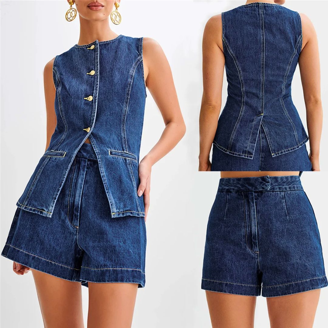 Dames Denim Set Mouwloos Met Hoge Taille Shorts 1