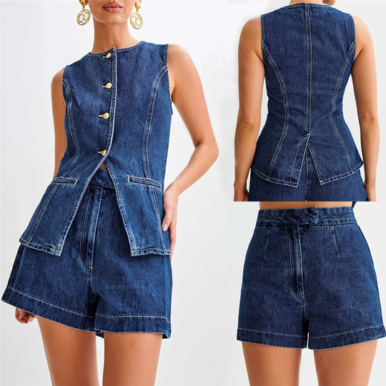 Dames Denim Set Mouwloos Met Hoge Taille Shorts 1