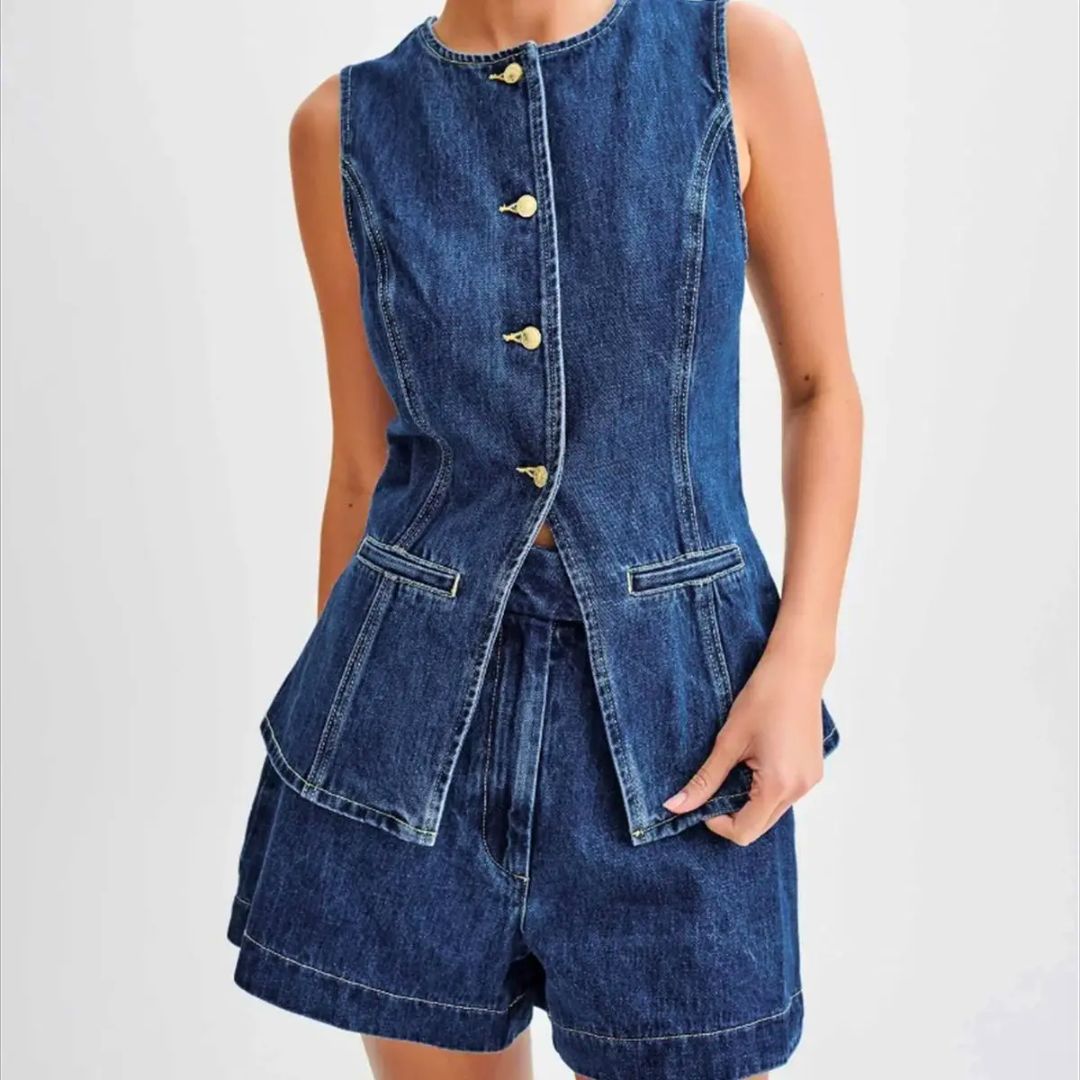 Dames Denim Set Mouwloos Met Hoge Taille Shorts 2