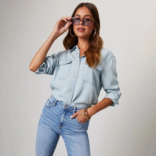 Dames Denim Shirt Lange Mouwen Chique Stijl 1