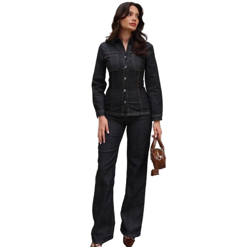 Dames Denim Twee-Piece Set met Lange Mouwen en Flared Broek 2
