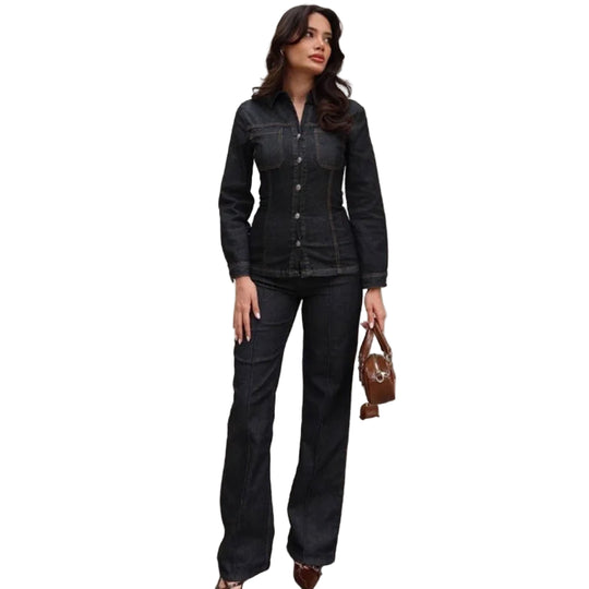 Dames Denim Twee-Piece Set met Lange Mouwen en Flared Broek 2