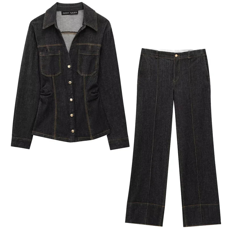 Dames Denim Twee-Piece Set met Lange Mouwen en Flared Broek 5