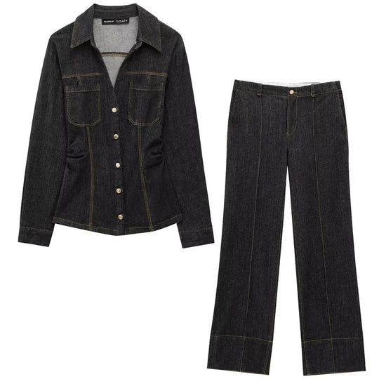 Dames Denim Twee-Piece Set met Lange Mouwen en Flared Broek 5