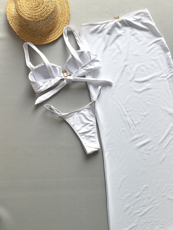 Dames Drie-delig Bikini Set met Bandeau Top en Maxi Cover-Up 2