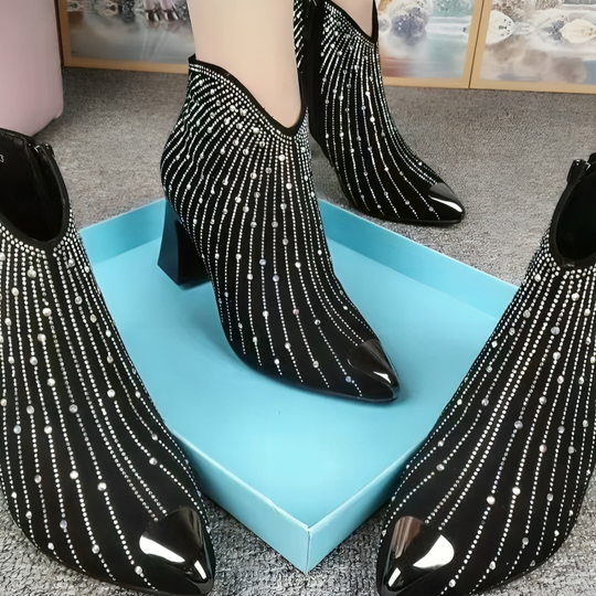 Dames Enkellaarsjes Met Hak en Rits Zwarte Kunstleer Rhinestones 1