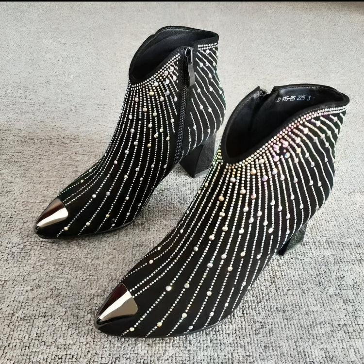 Dames Enkellaarsjes Met Hak en Rits Zwarte Kunstleer Rhinestones 2