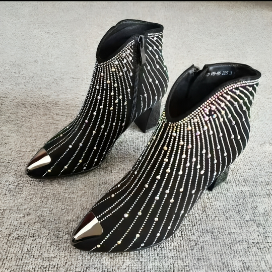 Dames Enkellaarsjes Met Hak en Rits Zwarte Kunstleer Rhinestones 2