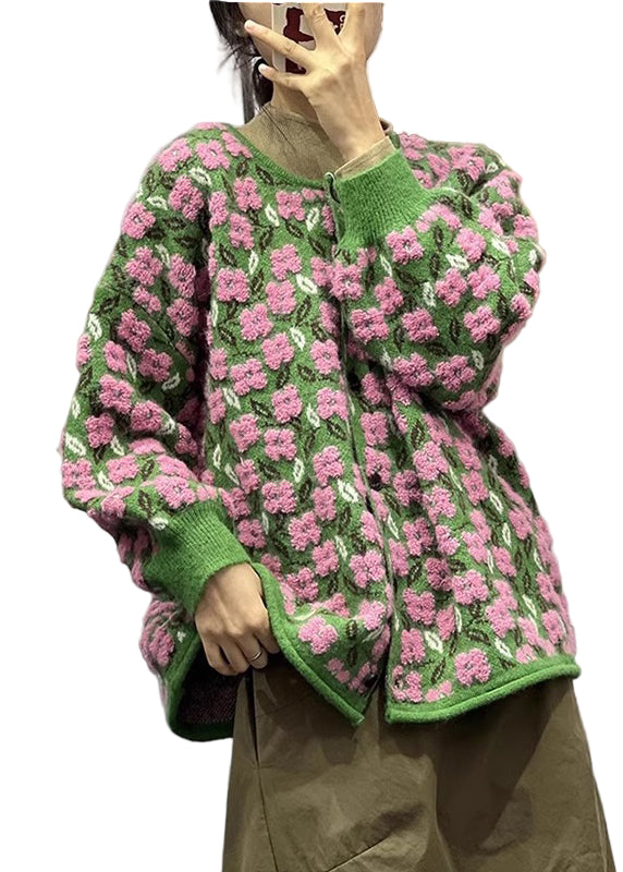 Dames Gebreide Jas met Bloemenprint en Lange Mouwen 0