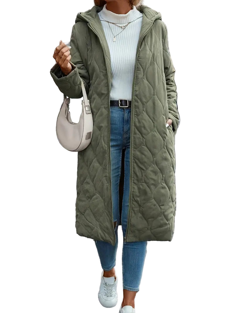 Dames Gewatteerde Jas – Relaxed Fit – Met Kap – Volledige Lengte – Rits Sluiting 0