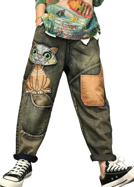 Dames Harem Jeans met Cat Borduursel en Patchwork Casual Style 0