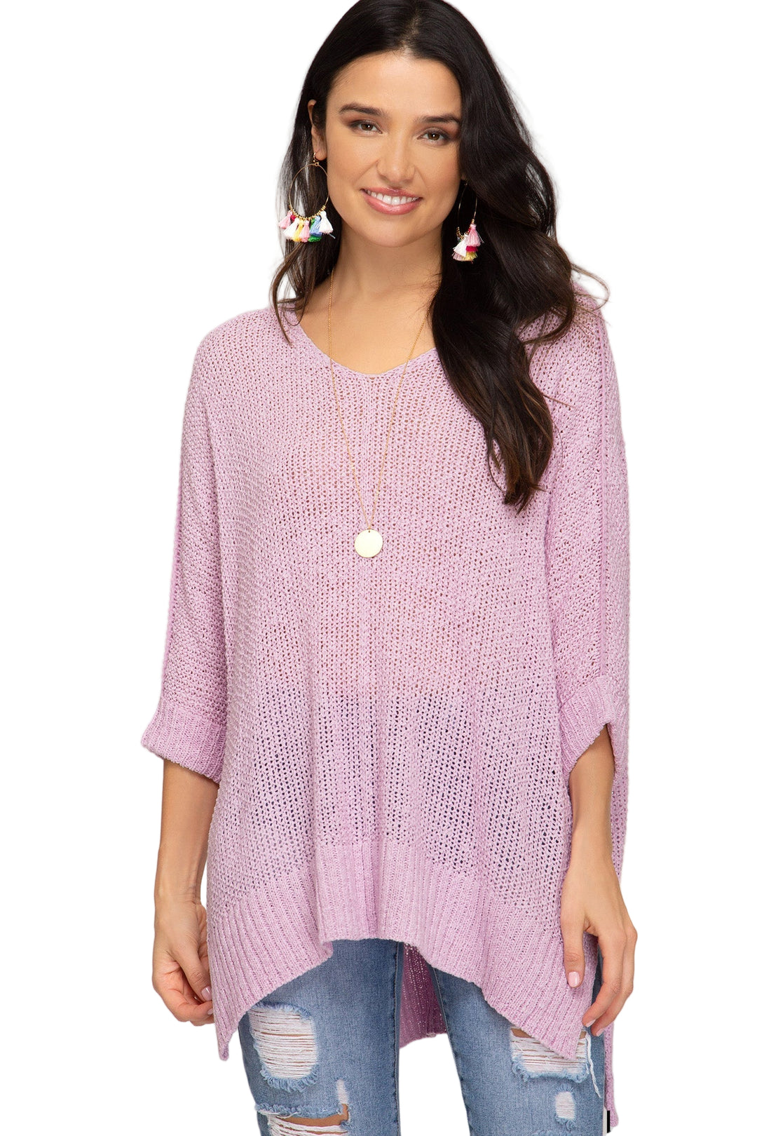 Dames Hi-Lo Trui met 3/4 Mouwen en Vouwmanchetten 0