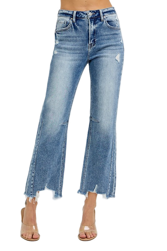 Dames Hoge Taille Crop Straight Jeans met Verweerd Zoom 0