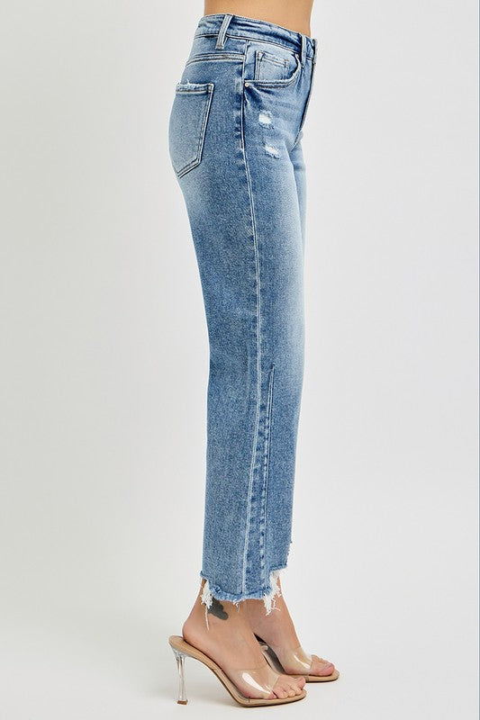 Dames Hoge Taille Crop Straight Jeans met Verweerd Zoom 3