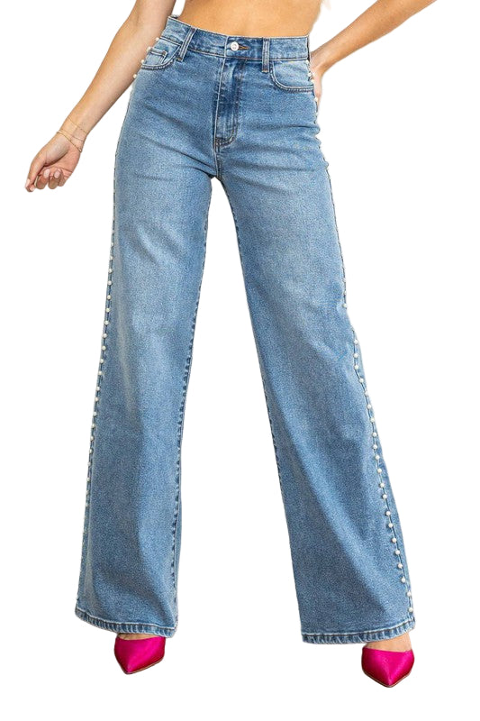 Dames Hoge Taille Wijde Jeans Medium Stone 0