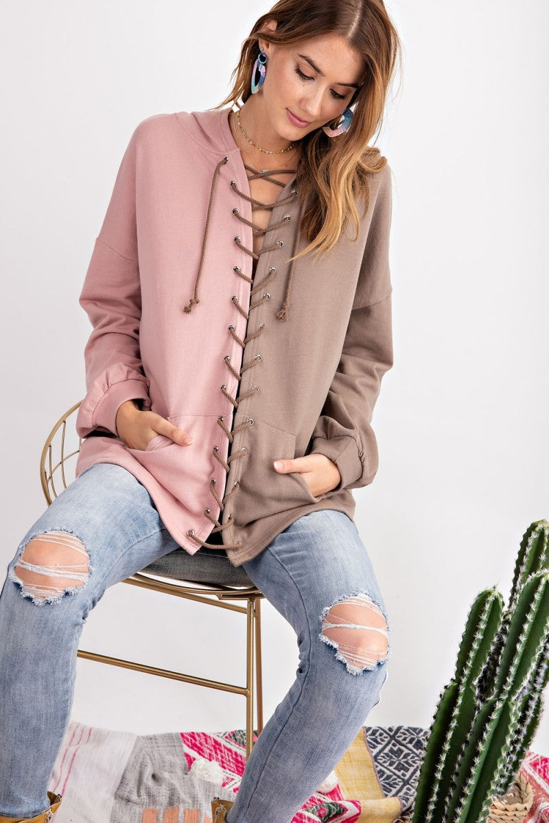 Dames Hoodie Kleurblok Terry Knit Mocha 2