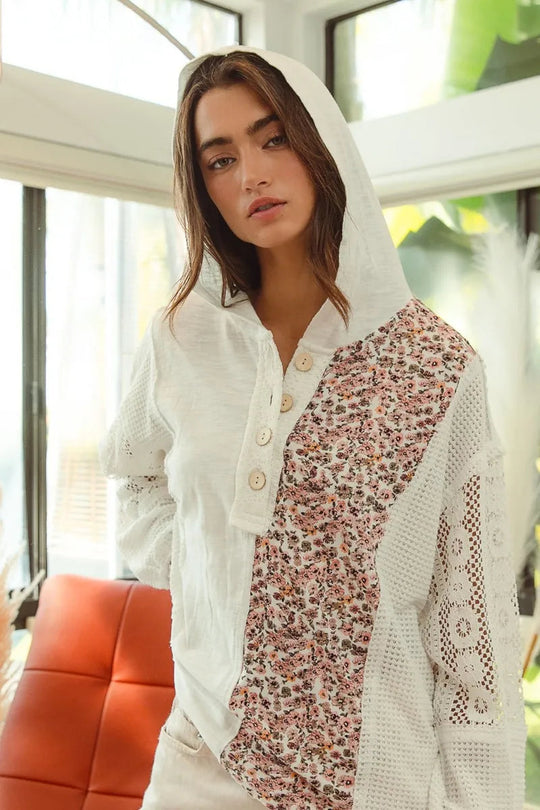 Dames Hoodie Top Knoop Kantdetail Slub Jersey 3