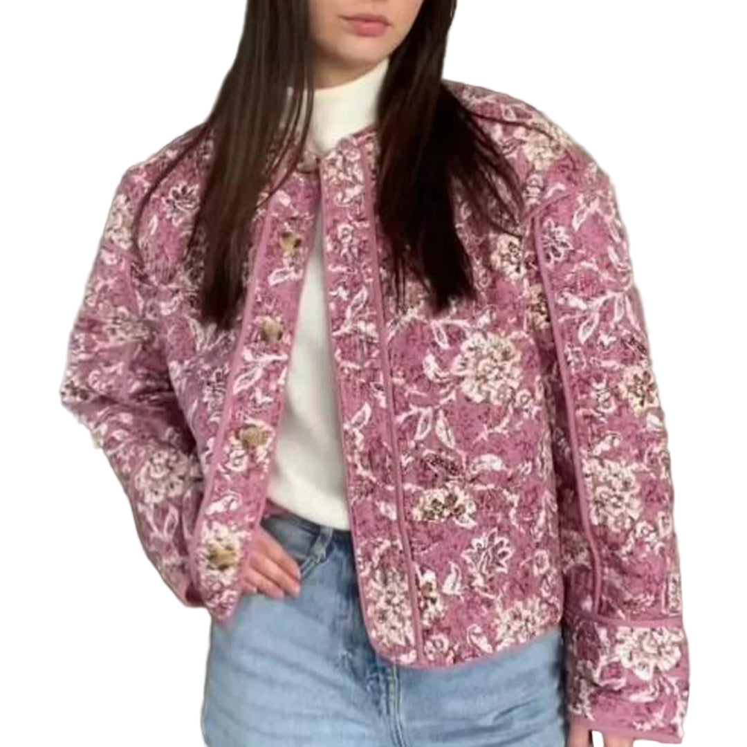 Dames Jas Gewatteerd Bloemenprint met Lange Mouwen Casual Cropped Stijl 0